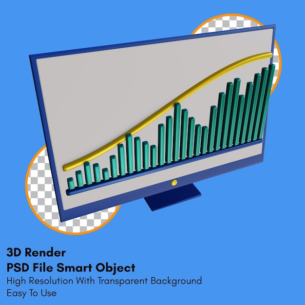 3d render up trend graph on monitor icon with transparent background
