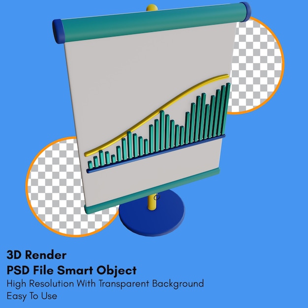 PSD 3d render up trend graph on presentation icon with transparent background