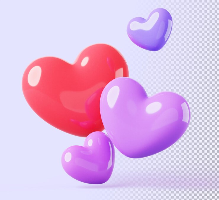 PSD 3d render valentine day banner background flying heart shape balloons red purple pink love symbols with glossy shiny texture romantic greeting card poster for birthday or wedding