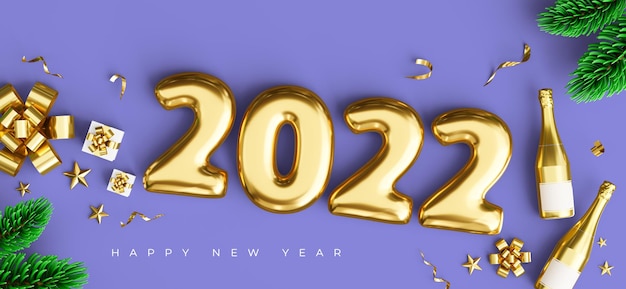 3d render van 2022 gelukkig nieuwjaar met versieringen op paarse achtergrond.