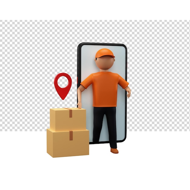 3d render van anonieme bezorger die met koeriersdozen locatiepin en smartphone op witte png-achtergrond staat