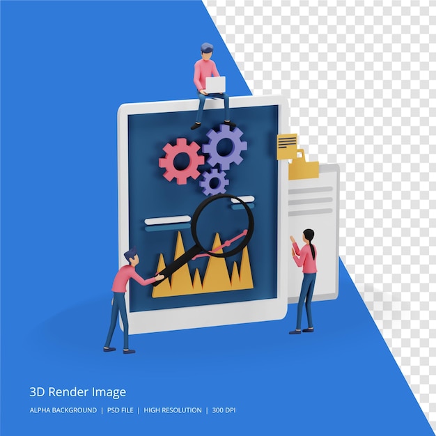 3D render van digitaal marketingstrategieconcept met klein mensenkarakter, tafel, grafisch object op computerscherm. online social media marketing modern voor bestemmingspagina en mobiele websitesjabloon