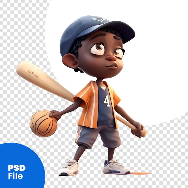 PSD 3d render van een afro-amerikaanse jongen met een honkbalknuppel psd-sjabloon