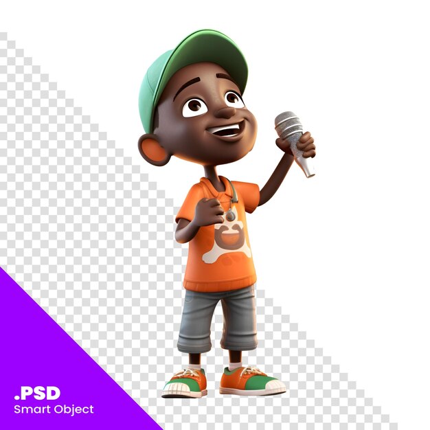 PSD 3d render van een afro-amerikaanse jongen met een microfoon psd-sjabloon