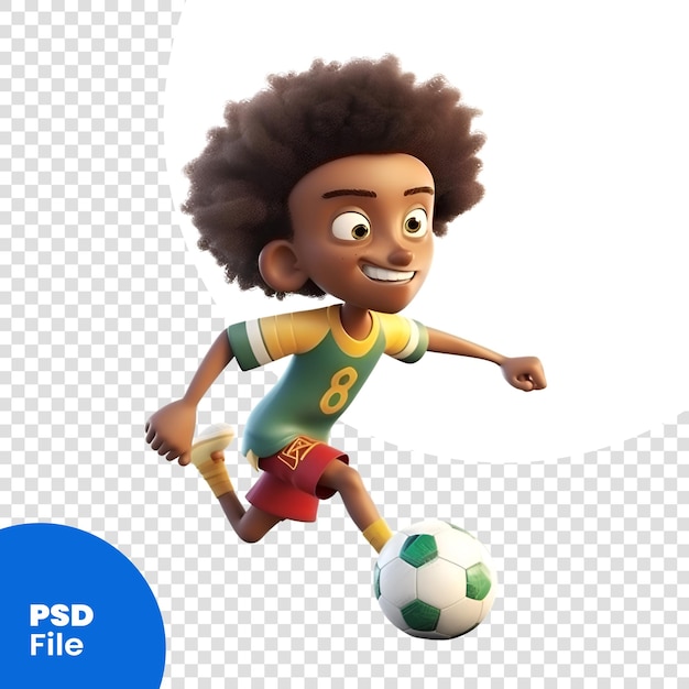 3d render van een afro-amerikaanse kleine jongen die voetbal speelt psd-sjabloon