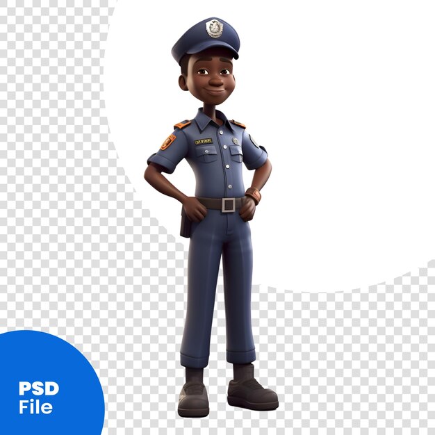 3D Render van een Afro-Amerikaanse politieagent geïsoleerd op witte achtergrond PSD-sjabloon