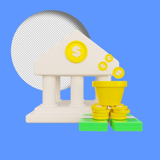 PSD 3d render van een bank met bloempot en geld bank rentetarieven concept illustratie