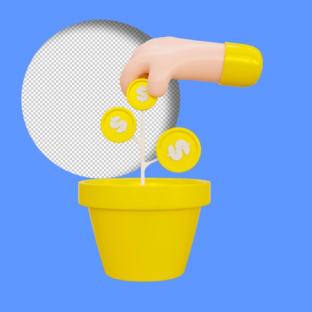 PSD 3d render van een geld bloempot met hand holding coin