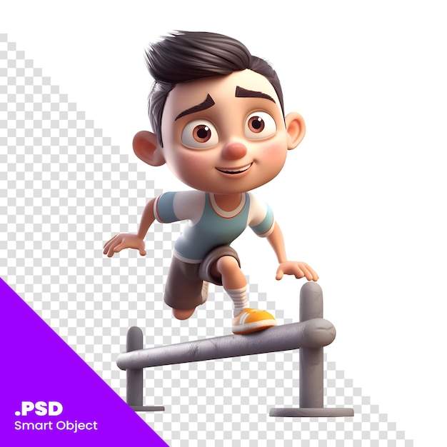 3D render van een jongen die over een hindernis springt geïsoleerd op witte achtergrond PSD-sjabloon