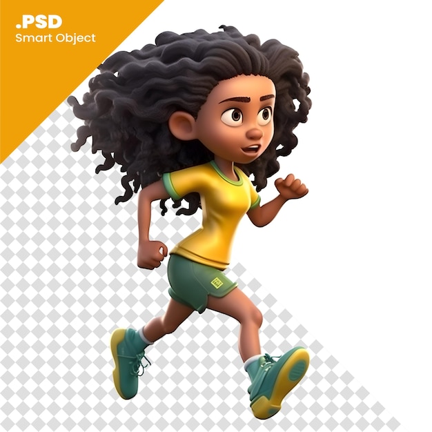 PSD 3d-render van een klein meisje dat loopt met krullend haar op een witte achtergrond psd-sjabloon