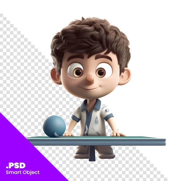 PSD 3d render van een kleine jongen die tafeltennis speelt geïsoleerd op een witte achtergrond psd-sjabloon