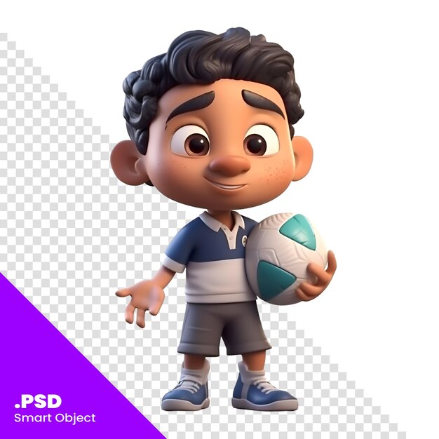 3d-render van een kleine jongen met een voetbal geïsoleerd op een witte achtergrond psd-sjabloon