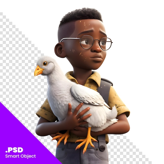 3D render van een kleine jongen met een witte vogel op zijn schouder PSD-sjabloon