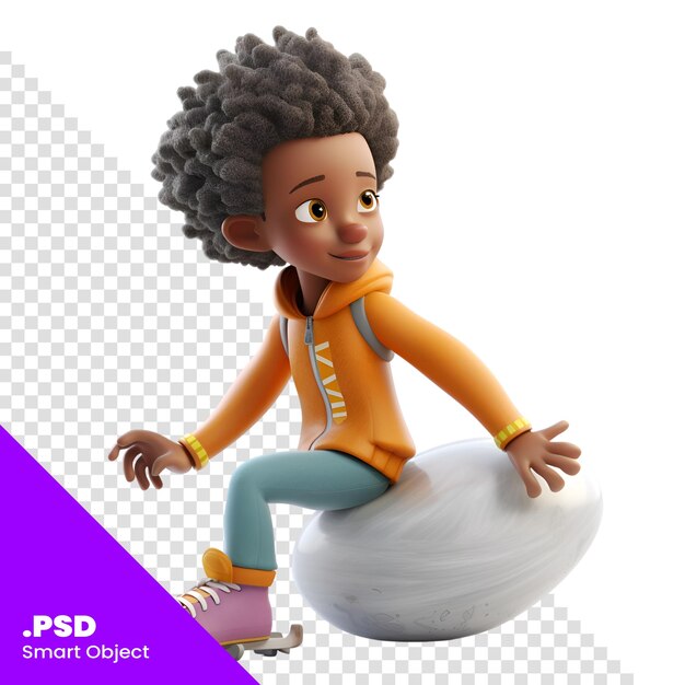 PSD 3d-render van een little african american girl skateboarder psd-sjabloon