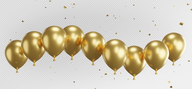 3d render van gouden ballonnen met confetti vliegen