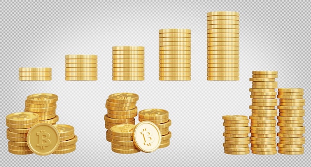 3D render van gouden munten stapelen collectie op transparante achtergrond