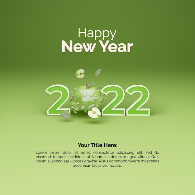 3d render van groene appel met happy new year 2022 3d-tekst