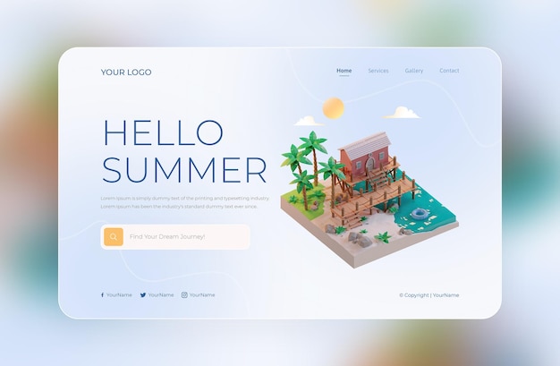 3d render van hallo zomer bestemmingspagina ontwerpsjabloon