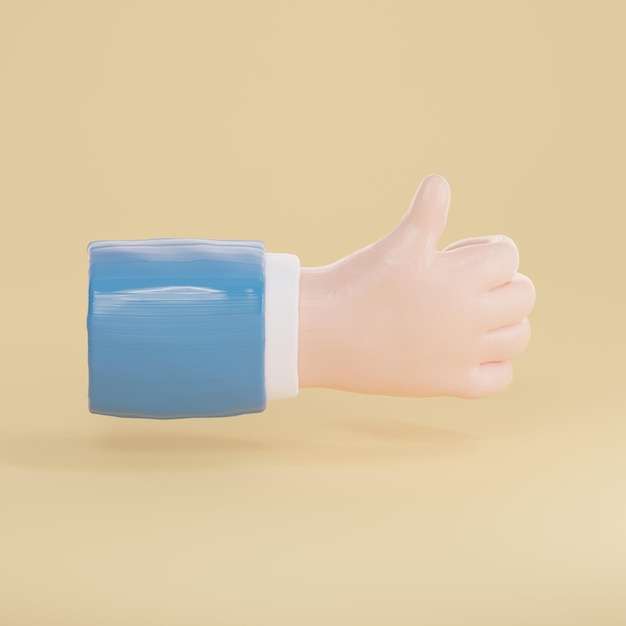 3D render van hand met thumbs up gebaar geïsoleerd op gele achtergrond