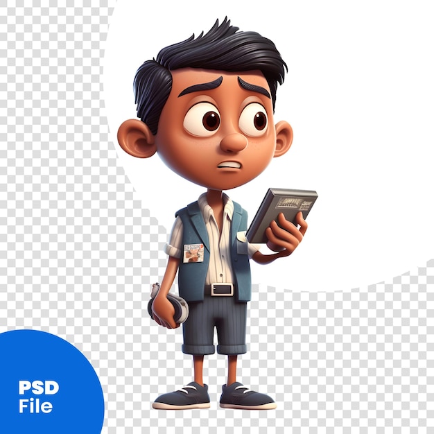 PSD 3d render van kleine jongen met smartphone op een witte achtergrond psd-sjabloon