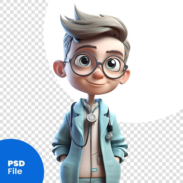 PSD 3d render van kleine jongen met stethoscoop om zijn nek psd-sjabloon