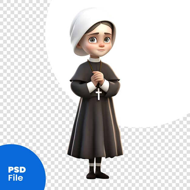 PSD 3d render van kleine non met witte baret op witte achtergrond psd-sjabloon