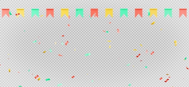 PSD 3d render van kleurrijke vlaggenslinger met confetti vliegen