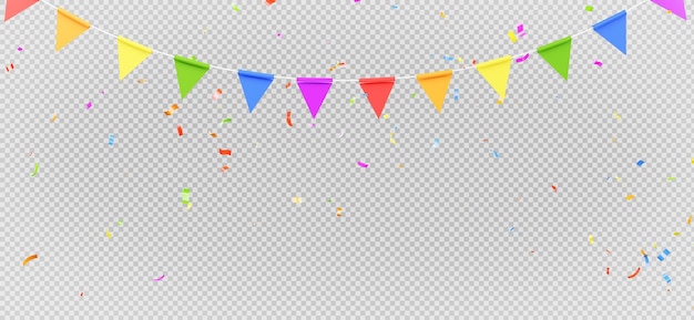 3D render van kleurrijke vlaggenslinger met confetti vliegen