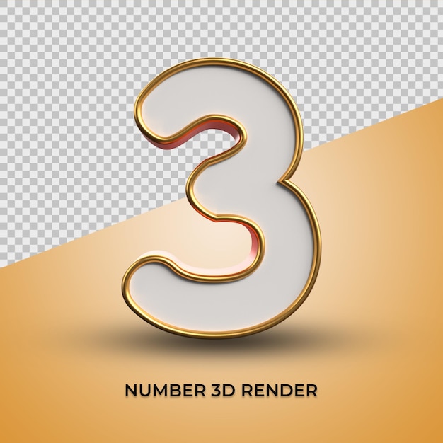 3d render van nummer 3 wit met gouden omtrek