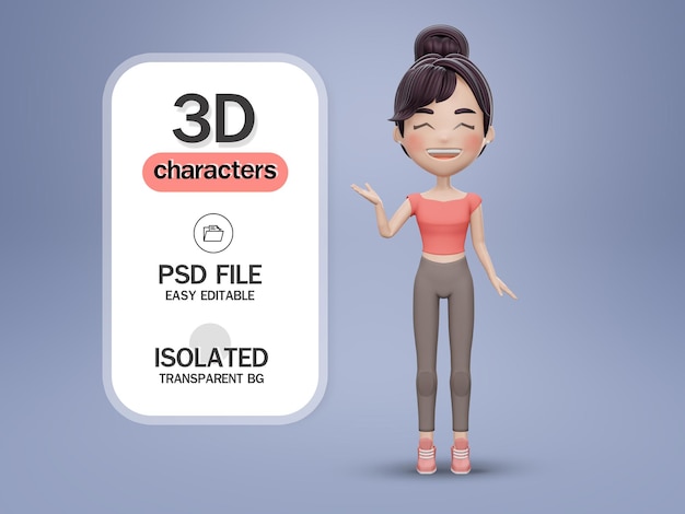 3D render van permanent schattig meisje wijzende hand op richting. Leuke cartoon glimlachen