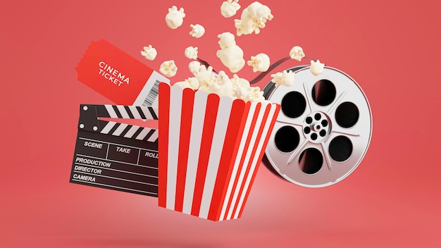 PSD 3d render van popcorn met bioscooptijd