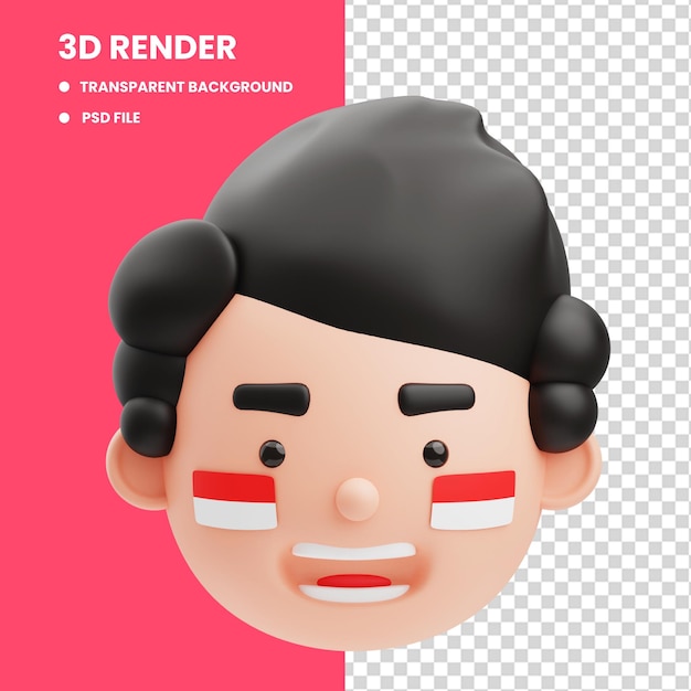 3d render van schattige avatar illustratie met moderne kapsel met indonesische vlag op de wang gekrabbeld