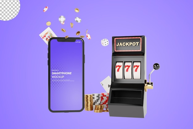 3d render van smartphone en drijvende munt met jackpot 777 op casino gokautomaat spelconcept