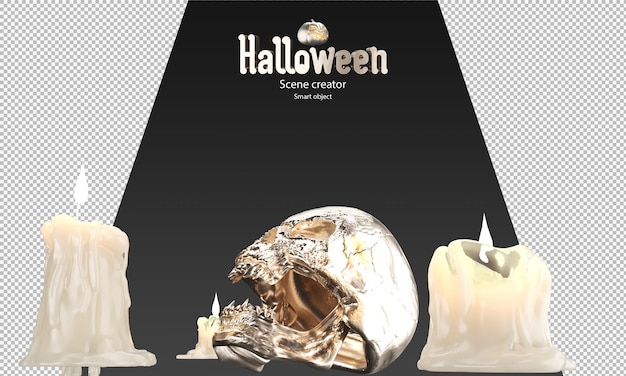 3d render van smeltende kaarsen en gloden schedel halloween prop