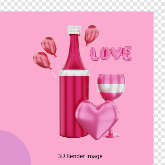 3D render van Valentijnsdag fles en glas