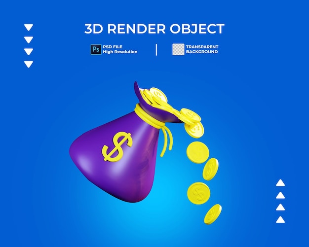 3D render van zak met gouden munt pictogram geïsoleerd