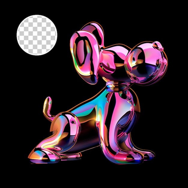 3d render vibrant holographic fluid balloon dog shape transparent background glass neon glow