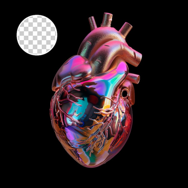 PSD 3d render vibrant holographic glass neon glow fluid realistic human heart transparent background