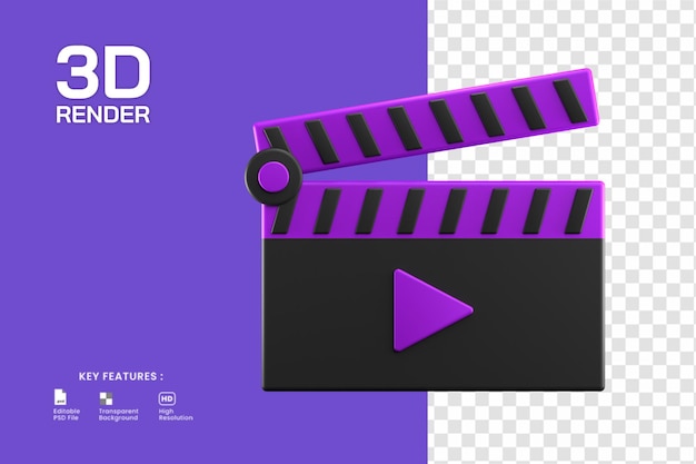 PSD 3d render of video clip icon isolated. useful for mobile app or user interface design illustration