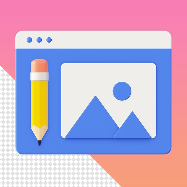 UI UXWebモバイルアプリソーシャルメディアデザイン用の3Dレンダリングビュー画像画像鉛筆アイコンテンプレート