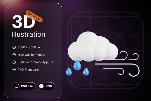 PSD 3d render weather icons cloud with wind and rain for forecast design application and web