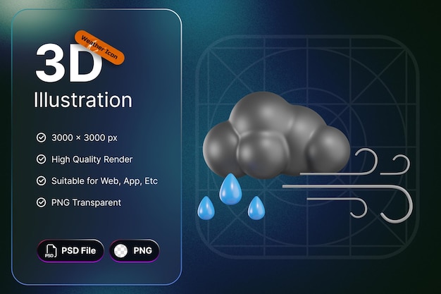 PSD 3d render weather icons cloudy with wind and rain for forecast design application and web