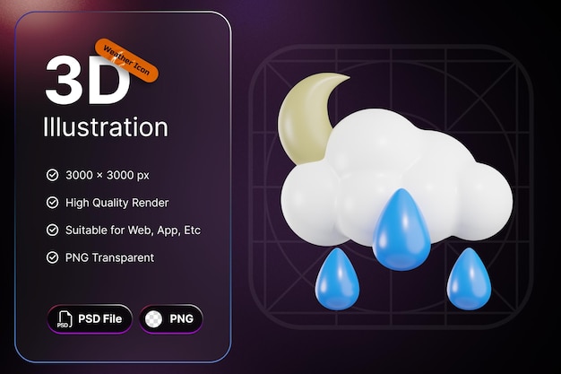 3d render weather icons moon with rain for forecast design application and web