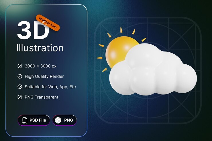 3D Render Weather Icons Sun Cloud For Forecast Design Application And Web