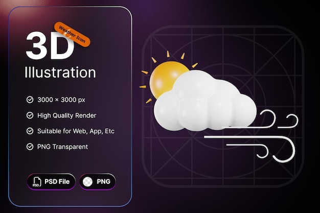 PSD 3d визуализации значков погоды sun cloud с ветром для приложения и веб-дизайна прогноза