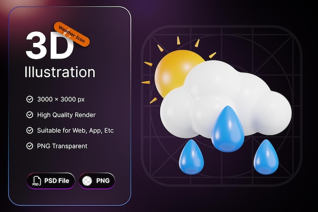 PSD 3d render weather icons sun with rain light for forecast design application and web