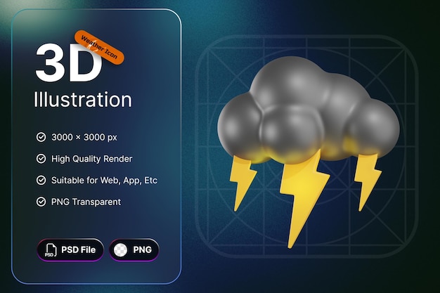 PSD 3d render weerpictogrammen bewolkte donder voor prognoseontwerptoepassing en web