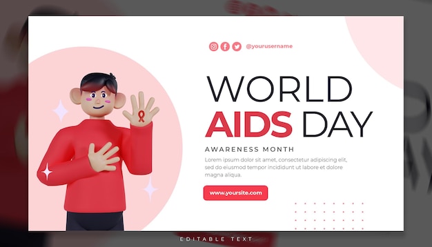 3D render wereld aids dag met schattige man banner social media template