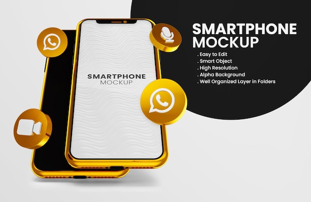 3d визуализация значка whatsapp на золотом макете смартфона