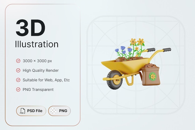 PSD 3d render wheelbarrow agriculture concept modern icon illustrations design